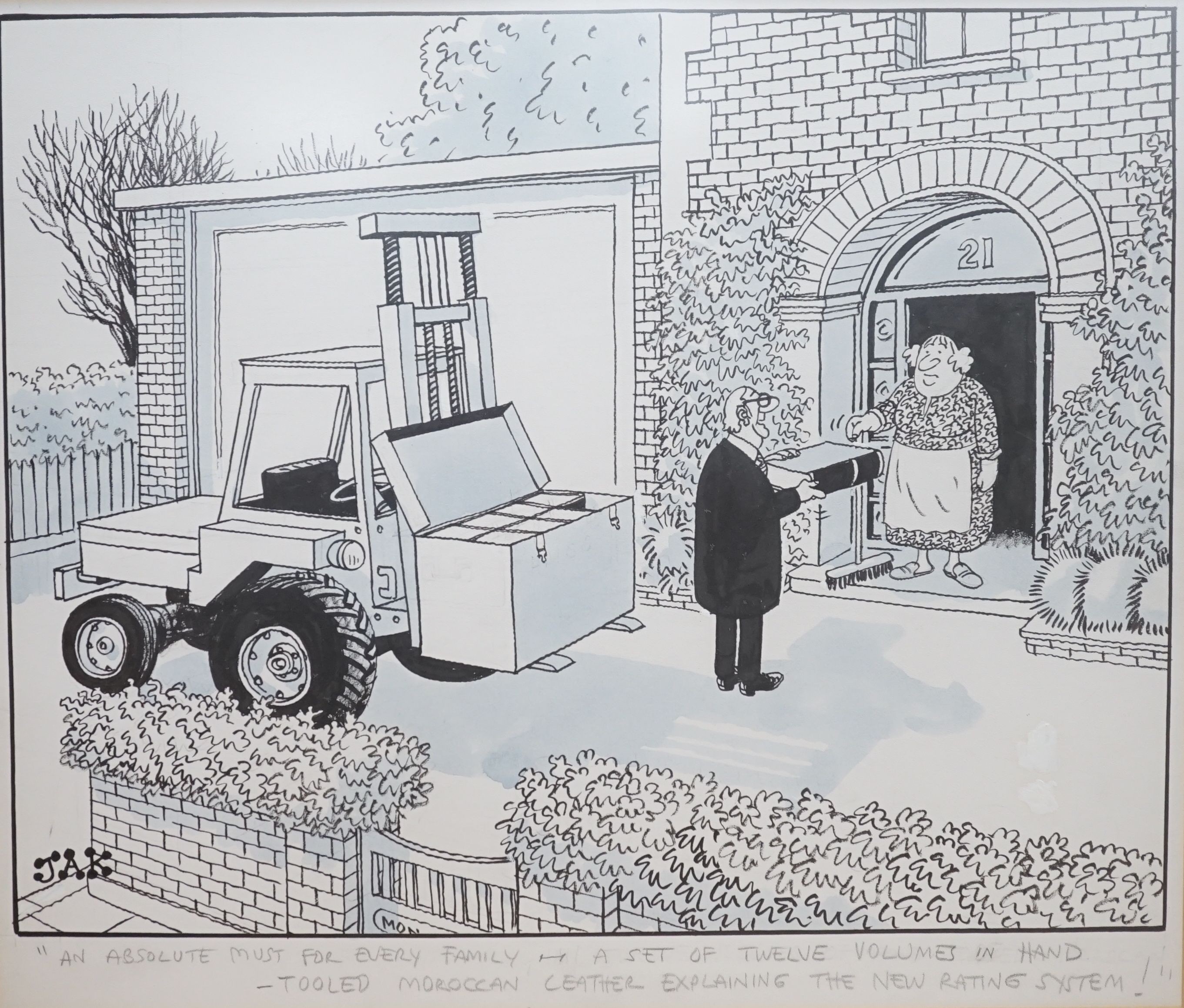 JAC (Raymond Jackson 1927-1997) - pen and ink cartoon - ‘’An absolute must for every family-a set of twelve volumes in hand-tooled Moroccan leather explaining the new rating system’’, signed, 48 cm x 56 cm including marg